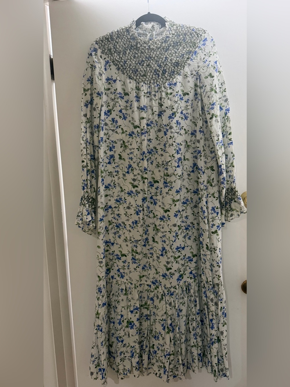 Zara Smocked Yoke Floral Maxi Dress - Blue/Green on White